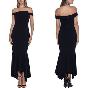 NEW XSCAPE Off Shoulder Asymmetrical Gown in Black Sz. 6